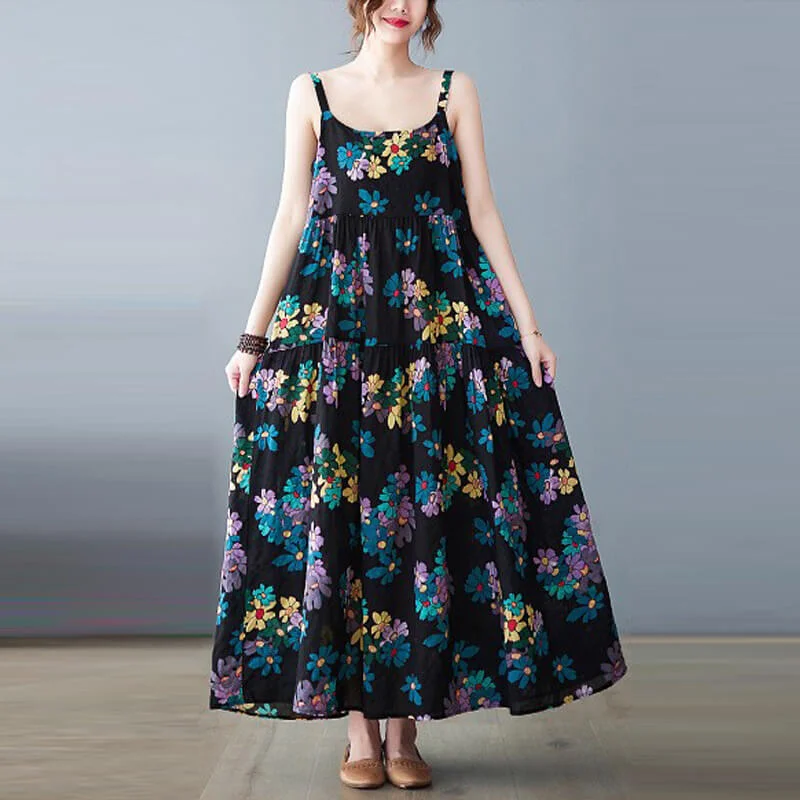 Trendy Online Boutiques Babakud Plus Size - Summer Floral Sleeveless Cotton Dress Loose Style
