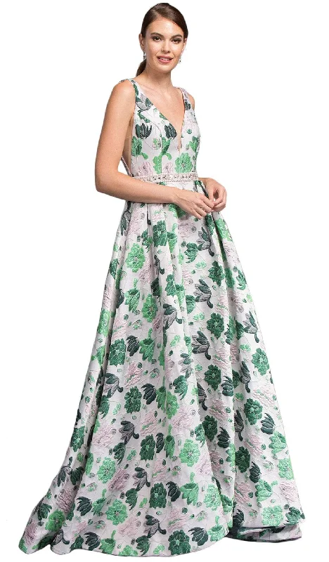 Massive Selection Sale Trevi Collection - Floral Print Deep V-neck A-line Prom Dress