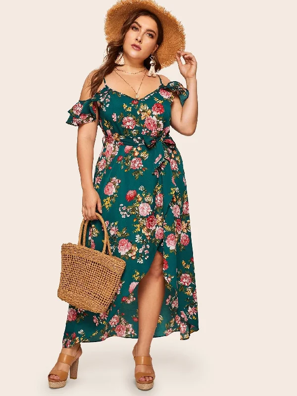 Chic Style, Always In Vogue Plus Tulip Hem Ruffle Trim Floral Print Dress