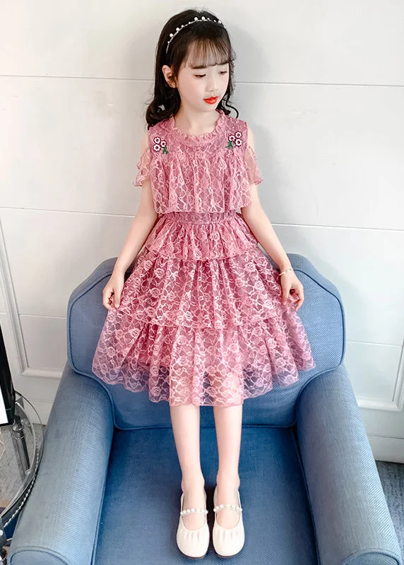 Fashion Essentials Novelty Pink O-Neck Ruffled Patchwork Floral Girls Long Dresses Short Sleeve