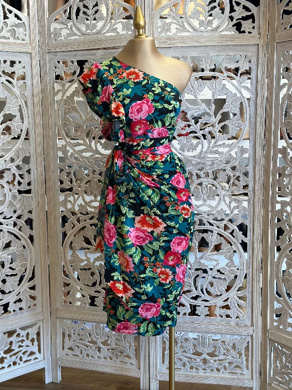 Daily Deals Wrapped Floral One Sleeve Multicolor Dress- Not Stretchy
