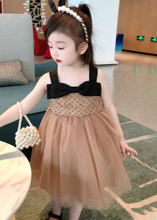 Bold Prints Casual Chic Cute Coffee Bow Wrinkled Patchwork Tulle Kids Girls Dresses Summer
