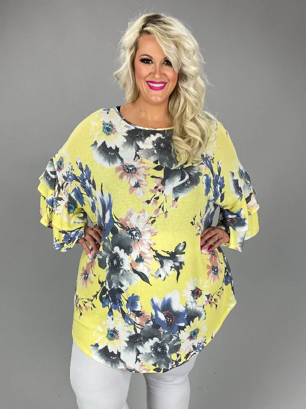 Sale For Women 23 PSS-G {Missing You} Yellow Floral Ruffle Sleeve Tunic  PLUS SIZE 3X 4X 5X