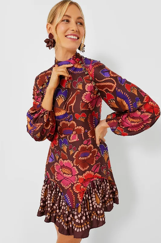 Chic Styles Bright Flora Brown Long Sleeve Mini Dress