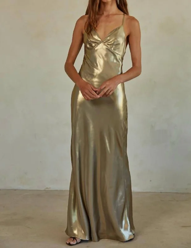 Women's Office Attire Twilight Kiss Dress Woven In Metallic Gold