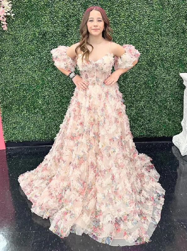 Fashion-Forward Offers Davinci F145 size 2, 6, 14 Floral Print Puff Sleeve A Line Sheer Prom Dress Corset Shimmer Pleated Gown