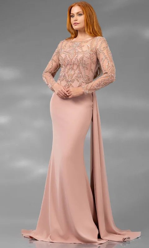 Woman Clothing Terani Couture 251M4420 - Illusion Bateau Bead Encrusted Evening Gown