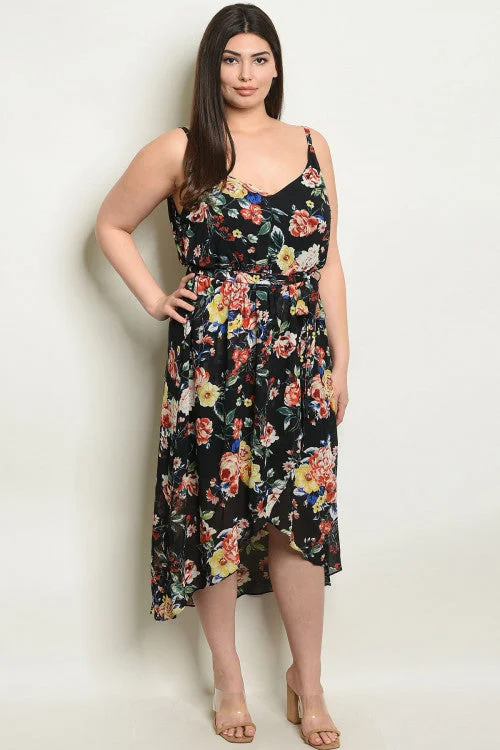 Premium Fabrics Black Floral High Low Plus Size Maxi Dress