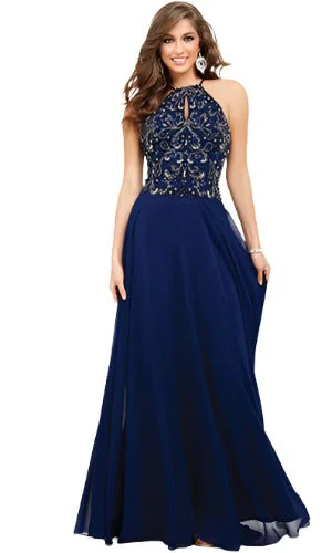 Unleash Your Style Jovani JVN33700 Size 2 Navy Halter beaded Chiffon Dress Long Formal Gown