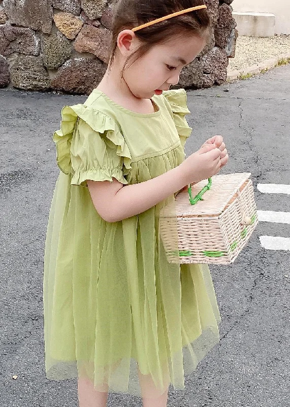 Must-Have Styles Classy Green O-Neck Ruffled Patchwork Tulle Girls Long Dresses Summer
