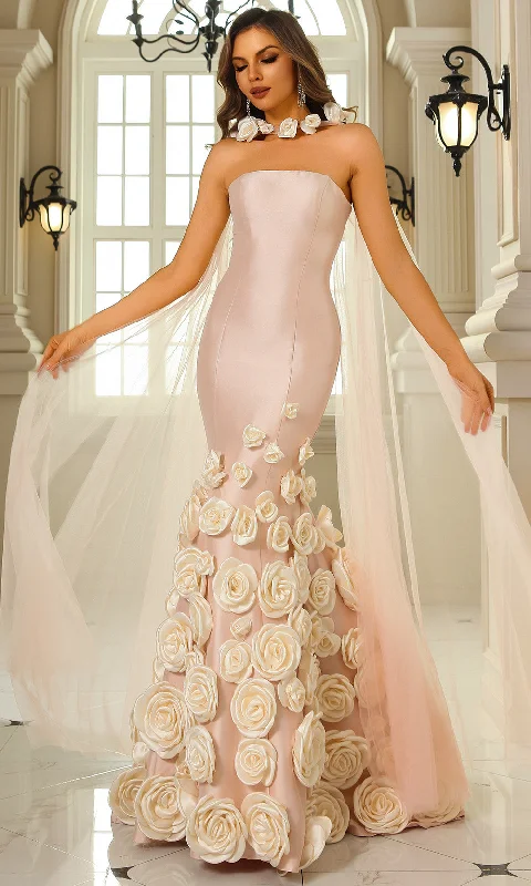 Special Offers, Don't Miss Terani Couture 251GL4184 - Floral Appliqued Straight Neck Evening Gown