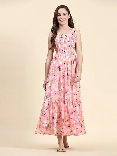Season Appropriate Women's Collection Stylish Pink Georgette Printed Fit And Flare Dress For Women Season Appropriate Women's Collection Stylish Pink Georgette Printed Fit And Flare Dress For Women