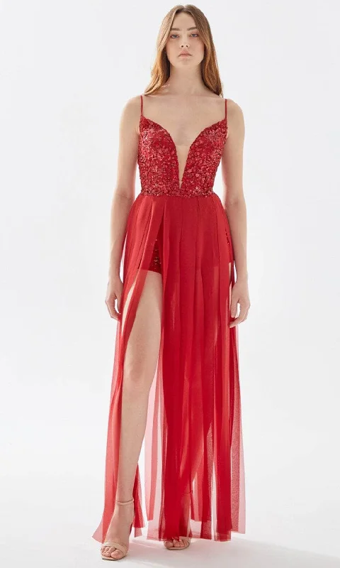 End Of Season Sale Clothing Tarik Ediz 52133 - V-Neck Fringed A-Line Prom Gown