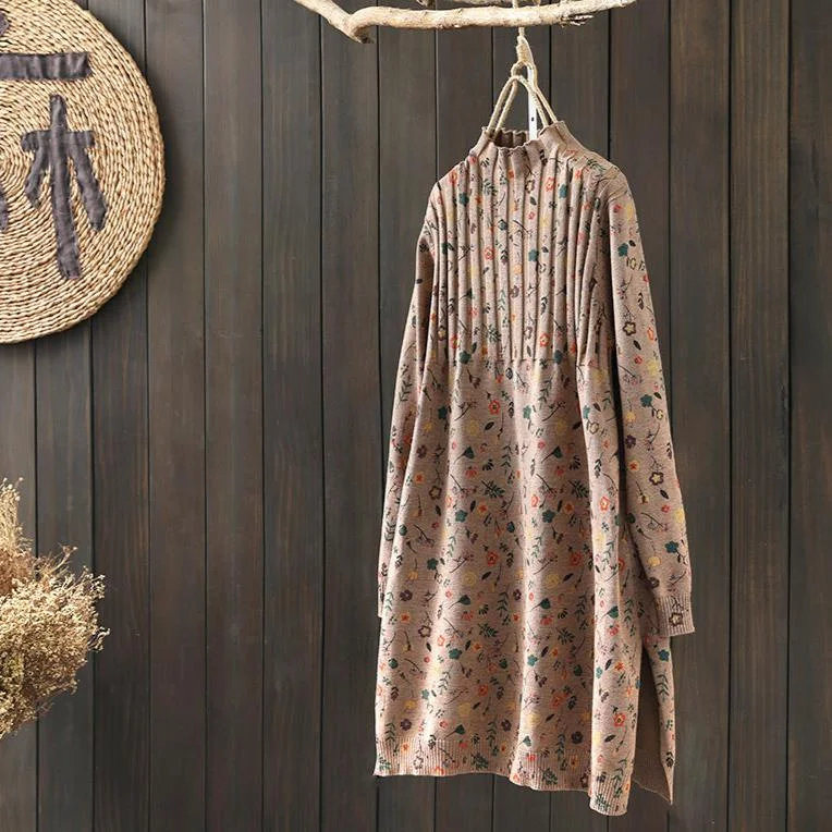 Clothing Online Babakud Women Autumn Retro Floral Printed Cotton Knitted Sweater Dress