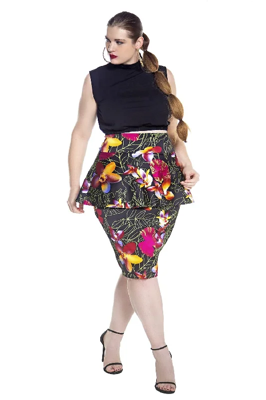 Fashion Deal High Waist Peplum Floral Pencil Skirt- JIBRI