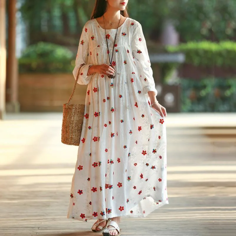 Outfits For Women Women A-Line Floral Gathered Cotton Long Sleeve Dress