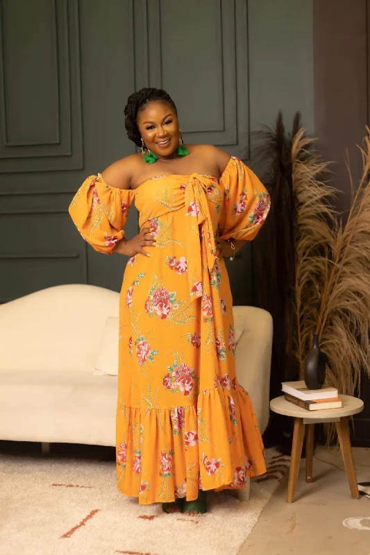 Clothing Sale Kamor Floral Print  "Off the shoulder" Orange Dress