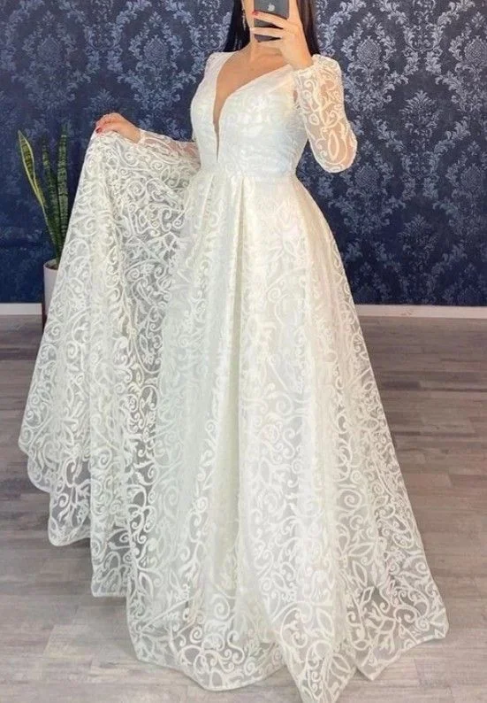 Luxe Style Discounts Long Sleeve A Line V Neck Lace Wedding Dress Bridal Gown Y5003