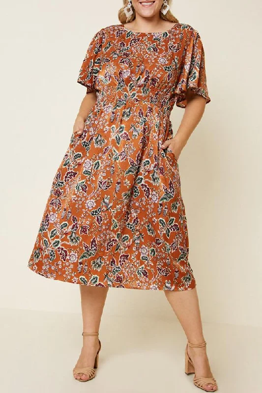 Sales Clothes Woodstock Floral Satin Smock-Waist Midi Dress