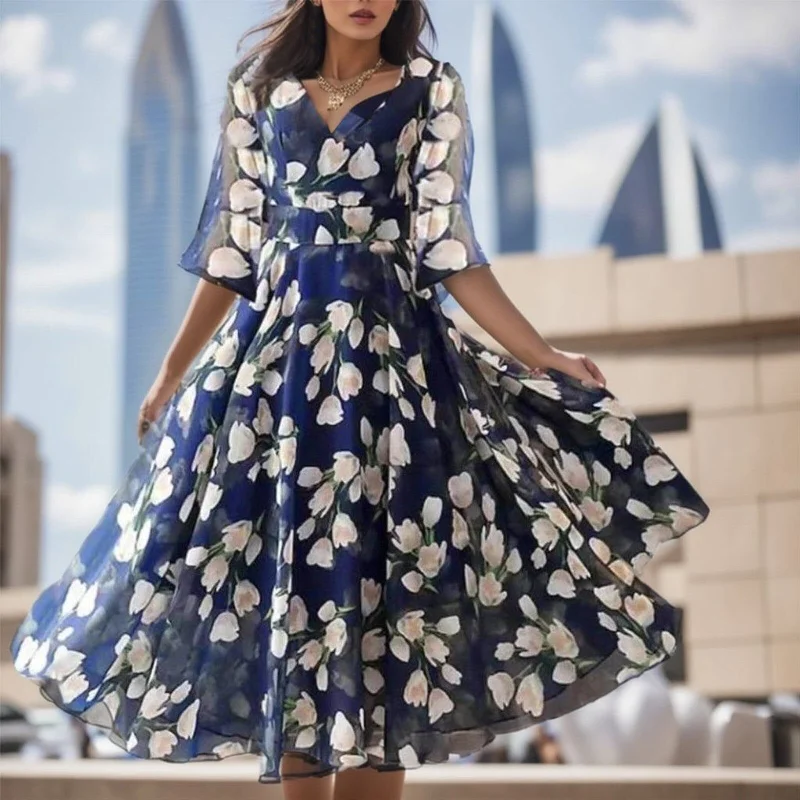 Fashionable Tops for Women JuliaFashion-Floral Print Boho Wrap Holiday Dress