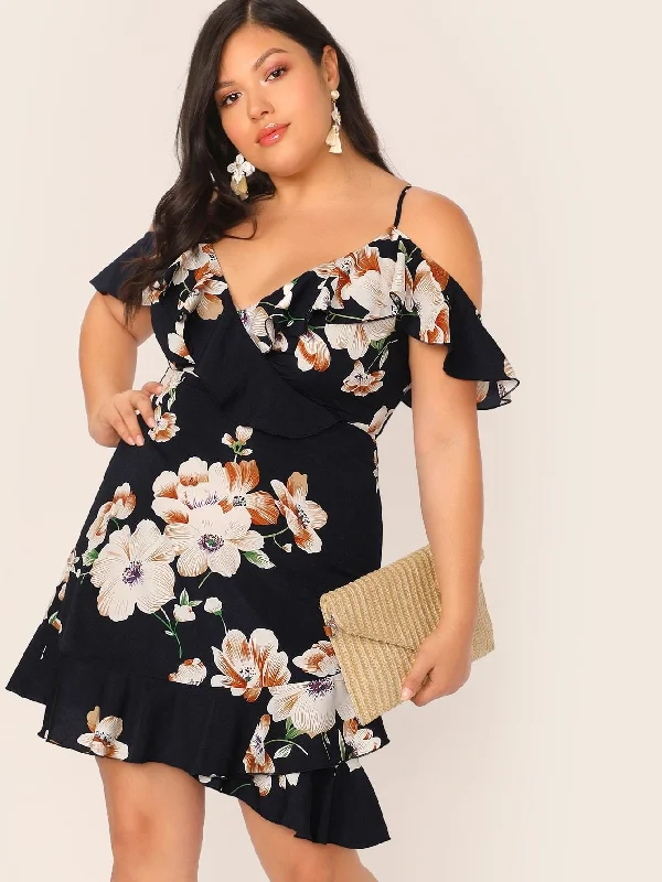 Buy More, Save More  Plus Cold Shoulder Ruffle Trim Wrap Floral Print Dress