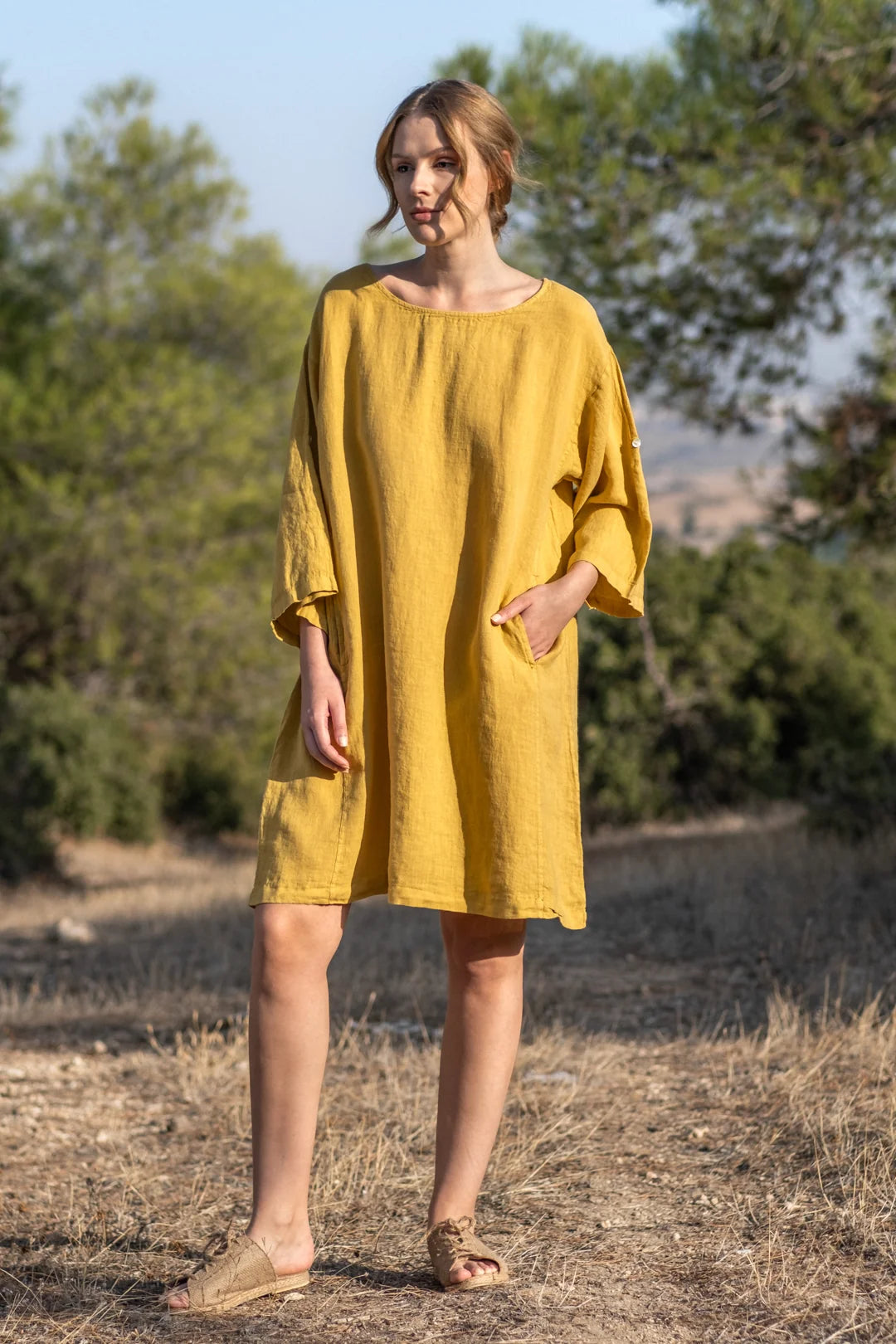 Premium Style Offers Linen Oversized Mini Dress Mustard