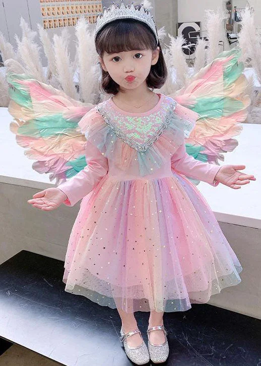 Women Online Clothing Boutiques Cute Rainbow Ruffled Sequins Patchwork Tulle Baby Girls Party Dress Long Sleeve