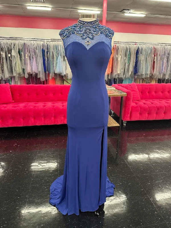 Embrace New Fashion Envious Couture 16147 Size 8 Royal Blue prom dress pageant gown Slit Sheer High Neck