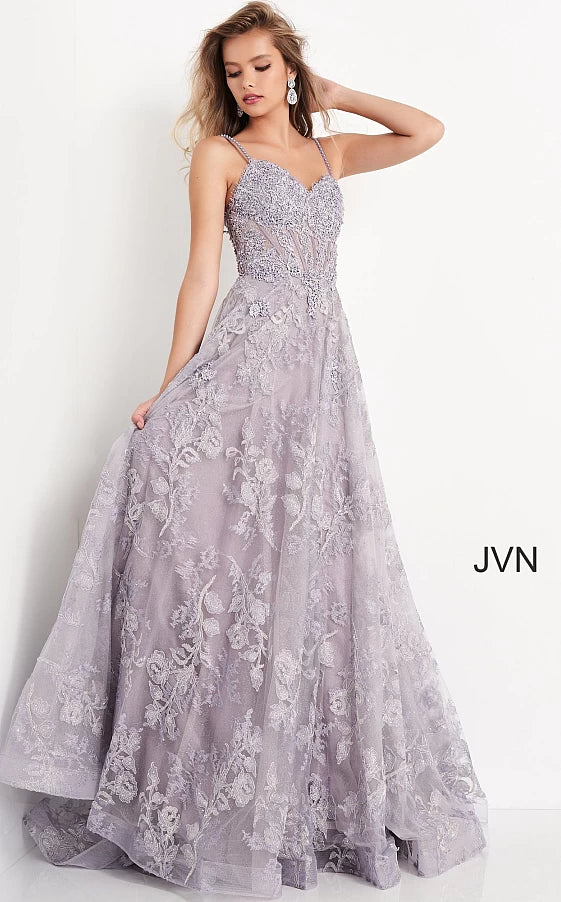 Durable Fashion Picks Jovani 02266 floral embroidered A line prom dress evening gown plunging v neckline