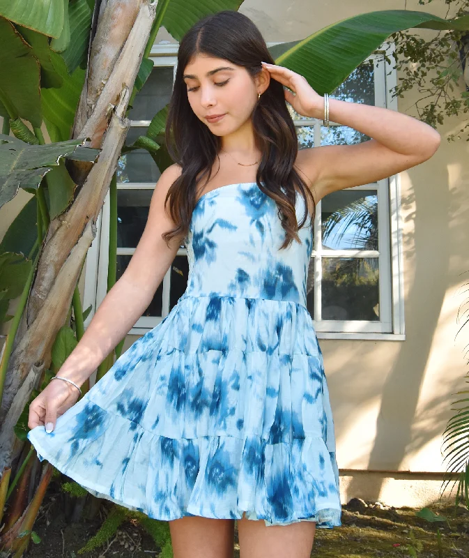 Clothing Store FBZ Girls Robyn Blue Tie Dye Strapless Chiffon Dress