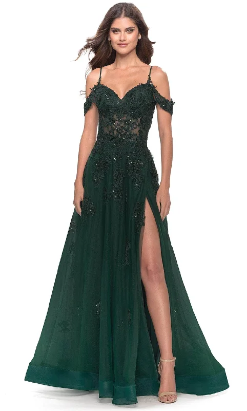 Trendy Threads La Femme 31346 - Off Shoulder Beaded Tulle Gown
