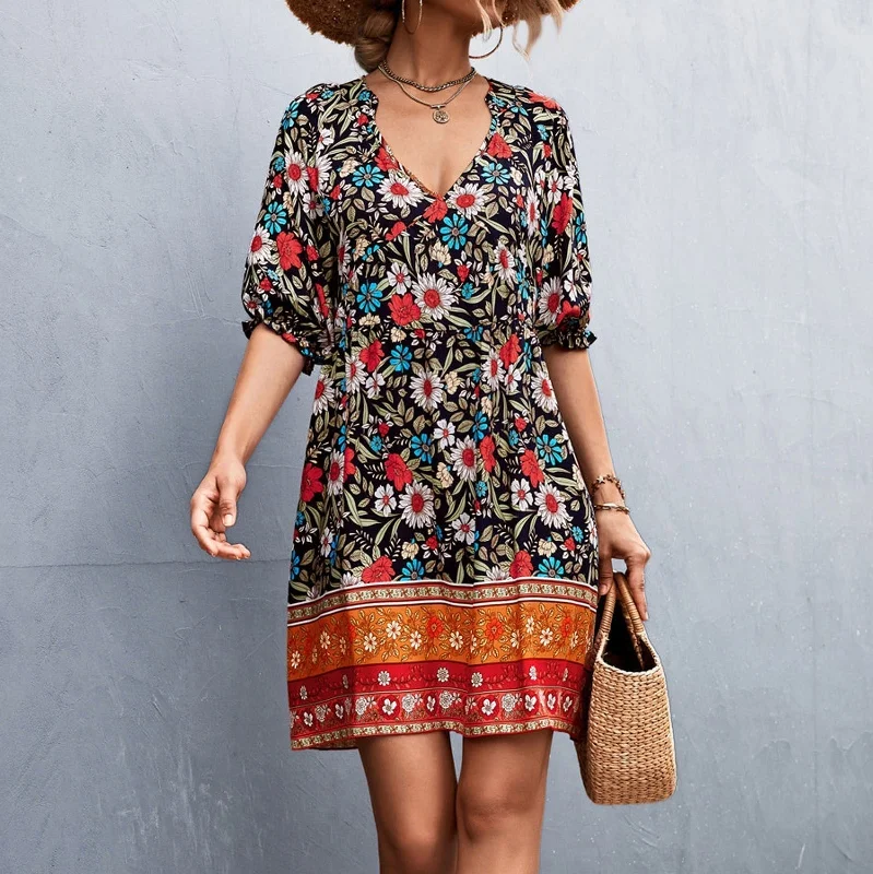 Chic Women’s Clothing for Date Nights JuliaFashion-Floral Print V-Neck Boho Sundress