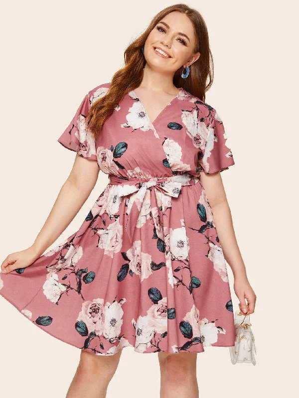 Limited Stock Plus Self Tie Floral Print Surplice Dress