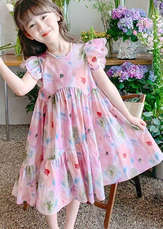City Fashion Handmade Pink Ruffled Print Patchwork Cotton Kids Girls Dresses Summer