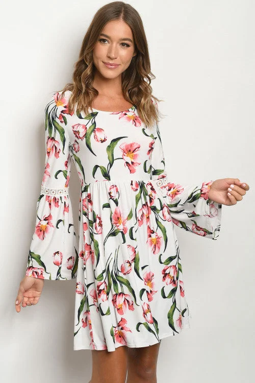 Women's Urban Fashion White Floral Bell Sleeve Dress