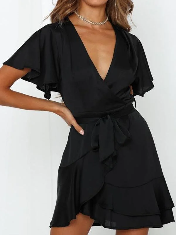 Limited Time Offers V-neck Ruffled Belt Wrap Mini Dress