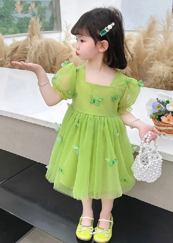 Chic Wardrobe Beautiful Green Square Collar Patchwork Tulle Girls Long Dresses Short Sleeve