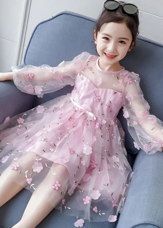 Women's Online Clothing Boutique Lovely Pink Floral Decorated Patchwork Tulle Baby Girls Princess Dresses Summer