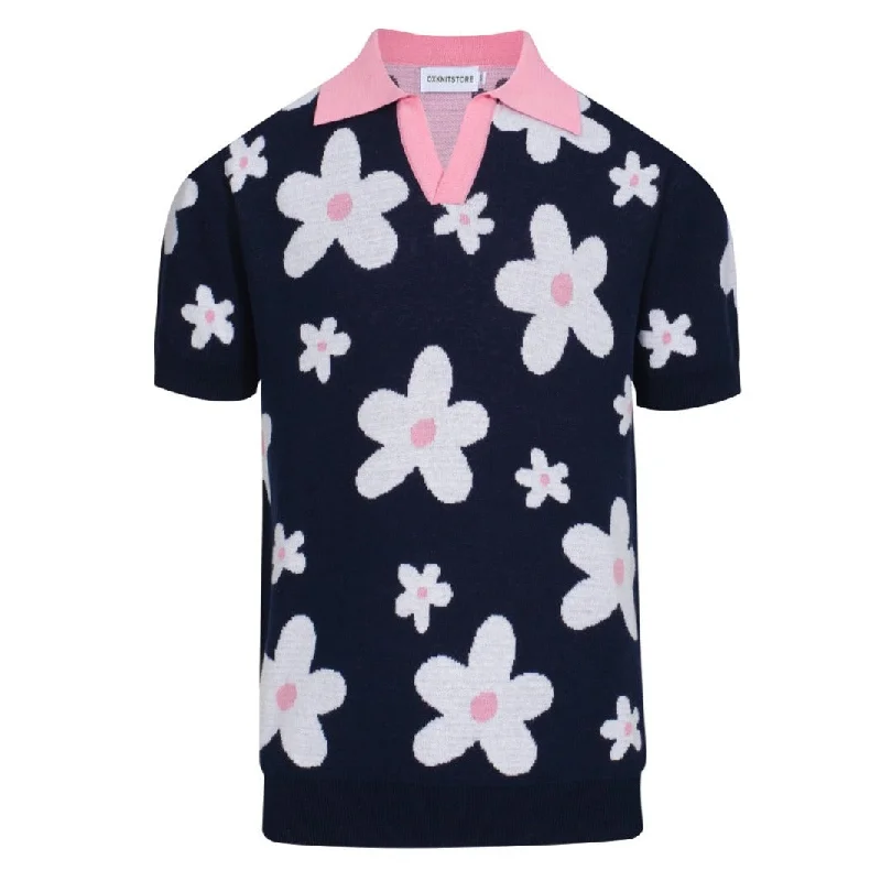 Luxury Women’s Clothing Men's dark blue floral V-neck knit Polo shirt