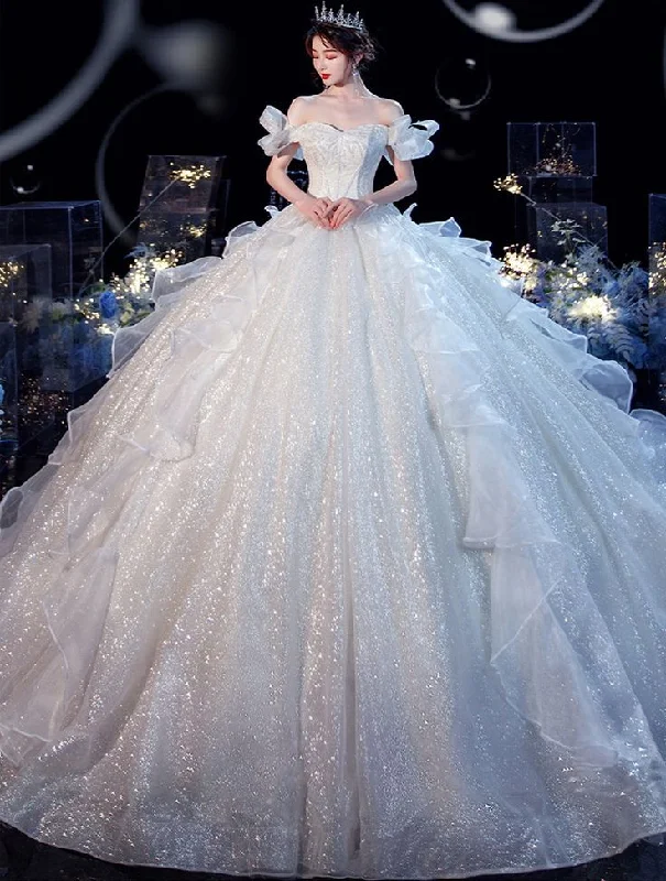 The Latest Fashion Trends Fairy Romantic Off Shoulder White Wedding Dress Sweep Train Y6878