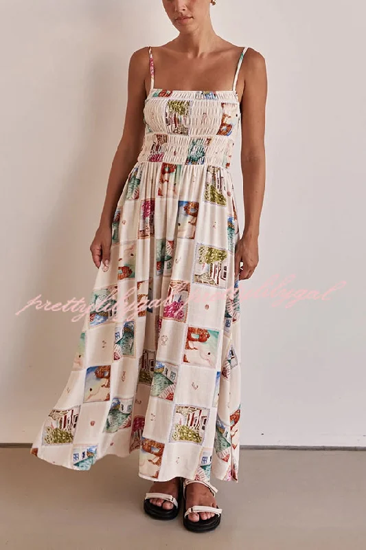 Chic & Cozy Collection Unique Printed Sling Backless Elastic Pleated Maxi Dress
