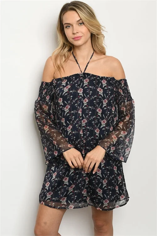 Relaxed Style Navy Blue Floral Boho Cold Shoulder Dress