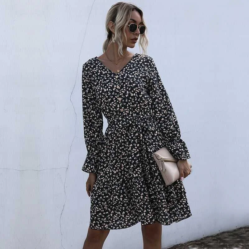Affordable Women’s Clothing Sale Online KittenAlarm - Long Sleeve Floral Chiffon Dress High Waist Black Pleated Dress Spring Autumn Fashion Dress