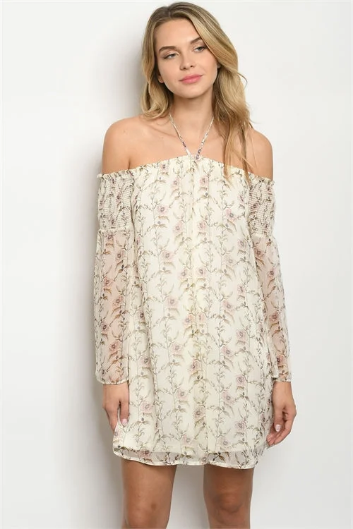 Bold Fashion Ivory Floral Boho Cold Shoulder Dress