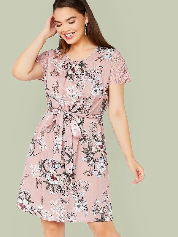 Limited Stock, Big Discounts Plus Guipure Lace Sleeve Self Belted Floral Print Dress