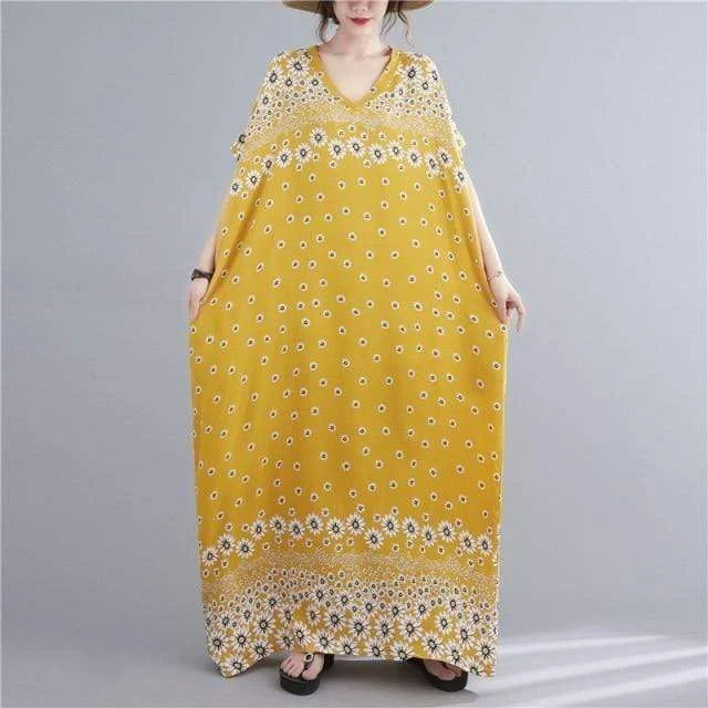 Easygoing Women’s Style Ochre Yellow Floral Kaftan Dress