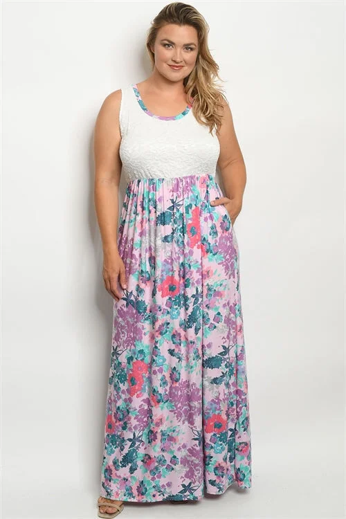 Relaxed Style Pink Floral Lace Accent Plus Size Maxi Dress