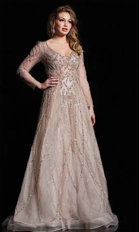 Valentine's Special Jovani 38589 - Sheer Long Sleeve Beaded Prom Gown