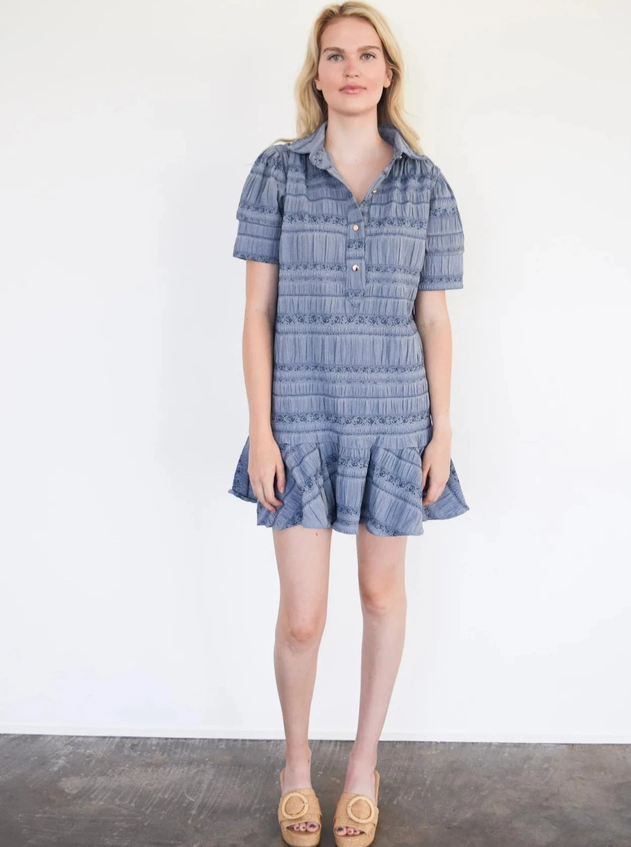 Insane Discount Onslaught Everything Short Sleeve Dress with Ruffle in Blue Floral Jacquard