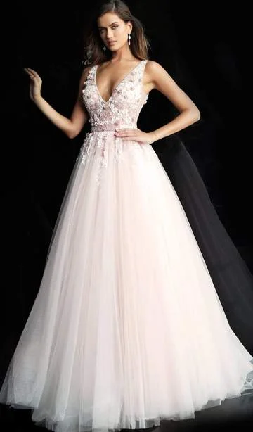 Unleash Your Trend Driven Style Jovani - Floral Embellished Plunging V-Neck Pleated Ballgown 61109SC